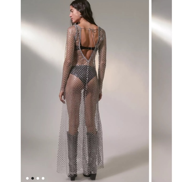 For Love & Lemon’s Fawn long sleeve silver sparkling fishnet dress NWT - Picture 9 of 11